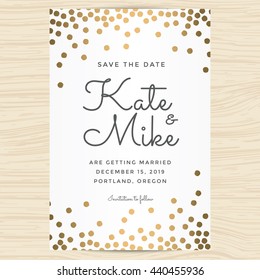 Save The Date, Wedding Invitation Card Template With Golden Color Circle Background. Vector Illustration.