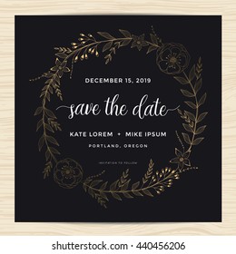 Save the date, wedding invitation card template decorate with golden color flower wreath. Vector illustration.