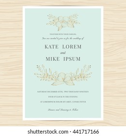 Save the date, wedding invitation card template decorate with golden color flower wreath. Vintage design. Vector illustration.