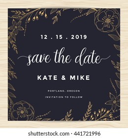 Save the date, wedding invitation card template decorate with flower wreath. Vintage  design. Vector illustration.