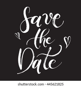 Save the Date Wedding invitation card. Hand-drawn with brush pen, Hand-lettered abstract card. Bride and groom invite guests. Black card to print.