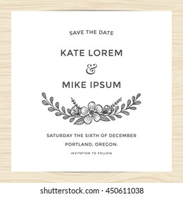 Save the date, wedding invitation card template with hand drawn flower. Minimal design. Vector illustration.