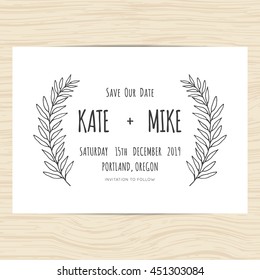 Save the date, wedding invitation card template with hand drawn branch and leaves wreath. Minimal design. Vector illustration.