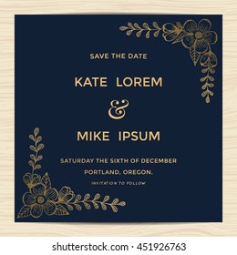 Save the date, wedding invitation card template with hand drawn flower in golden and navy blue color. Minimal design. Vector illustration.