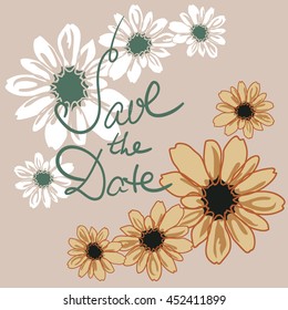 Save the date, wedding invitation card template with hand drawn flower. Minimal design. Vector illustration.