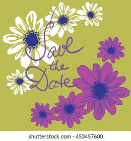 Save the date, wedding invitation card template with hand drawn flower. Minimal design. Vector illustration.