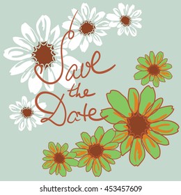 Save the date, wedding invitation card template with hand drawn flower. Minimal design. Vector illustration.