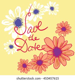 Save the date, wedding invitation card template with hand drawn flower. Minimal design. Vector illustration.