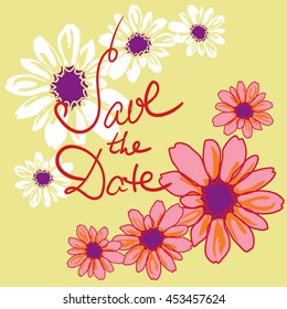 Save the date, wedding invitation card template with hand drawn flower. Minimal design. Vector illustration.