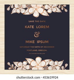 Save the date, wedding invitation card template with hand drawn flower wreath in copper color. Minimal design. Vector illustration.