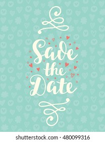 Save The Date Wedding Invitation Card, Mint Color. Modern Calligraphy. Hand Written Brush Lettering. Vintage Style. Trendy Typography Design. Vector Illustration