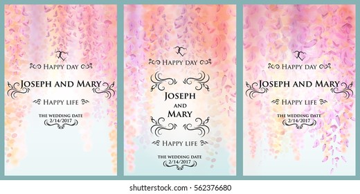 Save the date, wedding invitation card template with gentle flowers of blooming wisteria, floral background. Gentle watercolor spring flowers on a white background. Vector illustration. Eps10. svg