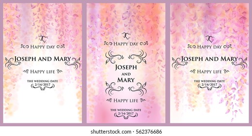 Save the date, wedding invitation card template with gentle flowers of blooming wisteria, floral background. Gentle watercolor spring flowers on a white background. Vector illustration. Eps10.