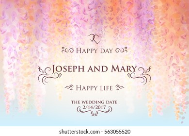 Save the date, wedding invitation card template with gentle flowers of blooming wisteria, floral background. Vector illustration. Eps10.
