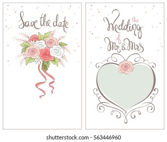 Save the date, wedding invitation card / Classic vector ornaments for invitation with bride's bouquet