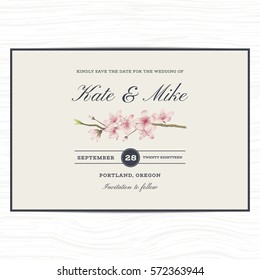 Save the date wedding invitation card template with cherry blossom flower. Vector illustration.