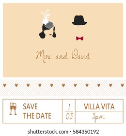 Save The Date, Wedding Invitation card with cute and place for text. The bride and groom. Wedding background in vector.