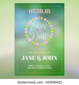 Save the date. Wedding invitation card design template with colorful blurred background. Place for photo. Stationery design. Vector illustration