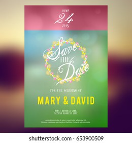 Save the date. Wedding invitation card design template with colorful blurred background. Stationery design. Vector illustration