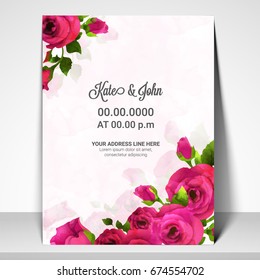 Save the Date, Wedding Invitation Card template design decorated with beautiful pink rose flowers.