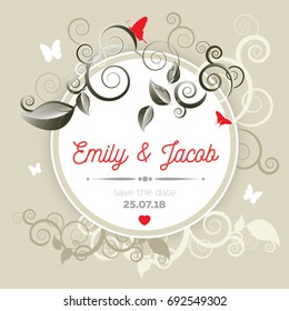 Save the date, wedding invitation card template with flower floral background. Vector illustration.