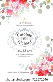 Save the date, wedding invitation card with hand drawn flower template
