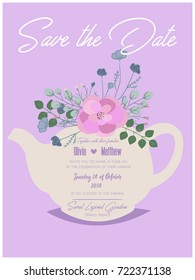 Save the date wedding invitation card template with flower bouquet in a teapot. Vector illustration.