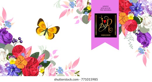 Save the date, wedding invitation card with hand drawn flower template