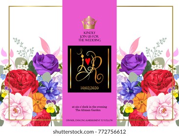 Save the date, wedding invitation card with hand drawn flower template