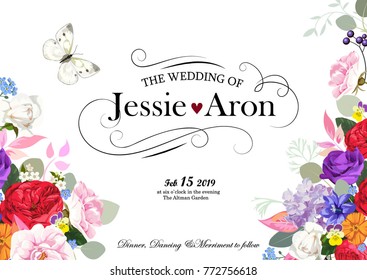 Save the date, wedding invitation card with hand drawn flower template