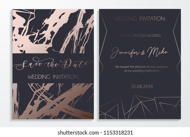 Save the date wedding invitation cards on dark and platinum textured background with lettering and geometric lines. Elegant design template for  wedding invitation.