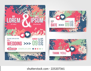 Save The Date and Wedding Invitation Cards With Paint Splashes. Vector illustration. Typographic template for your text.
