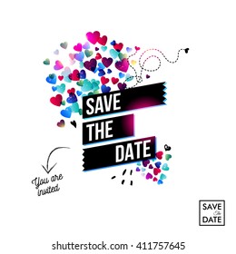 Save The Date wedding invitation with a cloud of colorful red and blue hearts, handwritten script and text in black banners over white with copy space, vector illustration