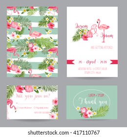Save the Date. Wedding Invitation or Congratulation Card Set. Tropical Flamingo Theme, in vector