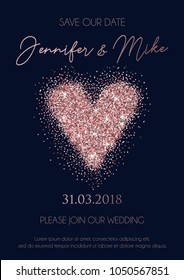 Save the date wedding invitation design. Elegance template for engagement or wedding with rose gold glitter heart and navy blue background. Vector illustration.