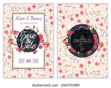 Save the date. Wedding invitation double-sided card design template with cute floral background. Stationery design. Vector illustration
