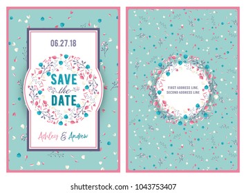 Save the date. Wedding invitation double-sided card design template with cute floral background. Stationery design. Vector illustration