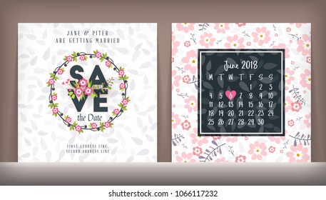 Save the date. Wedding invitation double-sided card design template with cute floral background. Stationery design. Vector illustration
