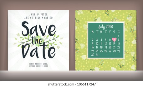 Save the date. Wedding invitation double-sided card design template with cute floral background. Stationery design. Vector illustration