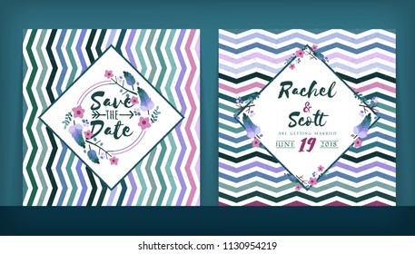 Save the date. Wedding invitation double-sided card design template with stripped background. Stationery design. Vector illustration