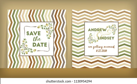 Save the date. Wedding invitation double-sided card design template with stripped background. Stationery design. Vector illustration