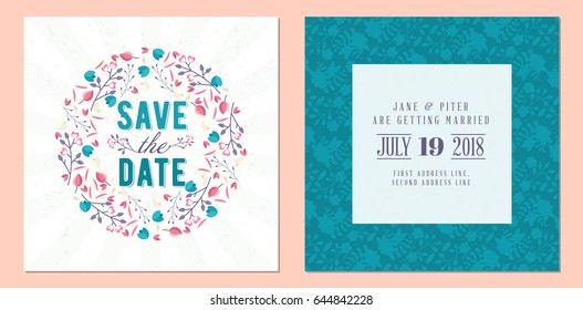 Save the date. Wedding invitation double-sided card design template. Stationery design. Vector illustration