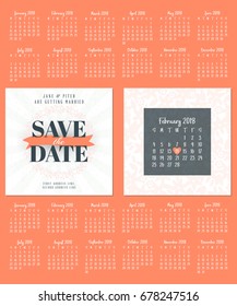 Save the date. Wedding invitation double-sided card design template. Calendar for 2018 year. Set of 12 months. Week starts on Sunday or Monday. Stationery design. Vector illustration