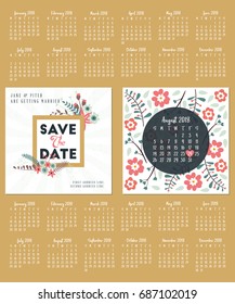 Save the date. Wedding invitation double-sided card design template. Calendar for 2018 year. Set of 12 months. Week starts on Sunday or Monday. Stationery design. Vector illustration