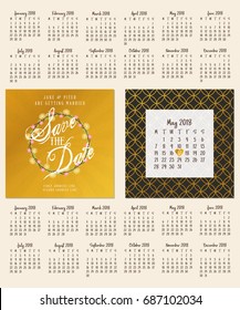 Save the date. Wedding invitation double-sided card design template. Calendar for 2018 year. Set of 12 months. Week starts on Sunday or Monday. Stationery design. Vector illustration