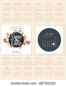 Save the date. Wedding invitation double-sided card design template. Calendar for 2018 year. Set of 12 months. Week starts on Sunday or Monday. Stationery design. Vector illustration