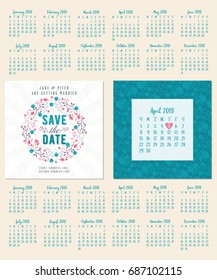 Save the date. Wedding invitation double-sided card design template. Calendar for 2018 year. Set of 12 months. Week starts on Sunday or Monday. Stationery design. Vector illustration