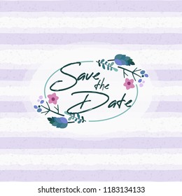 Save the date. Wedding invitation floral elements on stripped background. Typographic design.