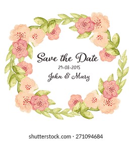 Save The Date or Wedding Invitation, Hand drawn wreath with ranunculus flowers eps10 
