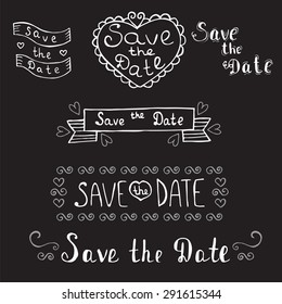 Save the date. Wedding invitation. Hand drawn romantic set. Vintage typographic design elements. Vector illustration